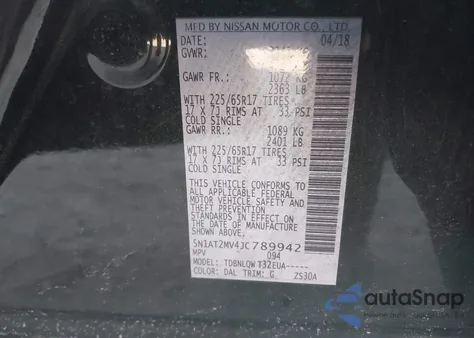2018 Nissan Rogue Sv z USA, uszkodzony, nr VIN 5N1AT2MV4JC789942